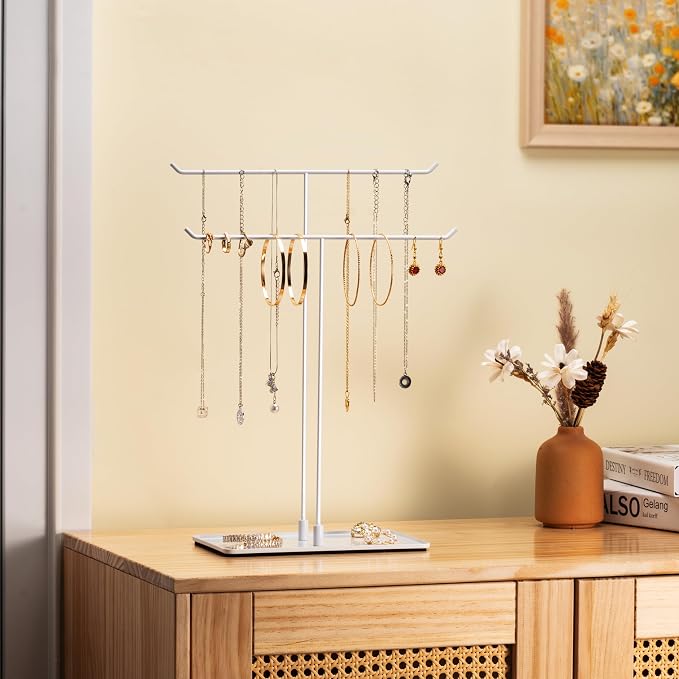 bussdis Necklace Holder Jewelry Stand Organizer for Necklaces and Bracelets, Metal Display Stand, Gift for Women, Ideal for Home, Bedroom, or Vanity, White