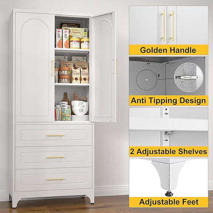 Metal Kitchen Pantry Cabinet with 3 Drawers，75 Inch White Food Pantry Cabinets for Kitchen Storage with 2 Adjustable Shelves,Tall Storage Cupboard for Living Room,Dining Room Office