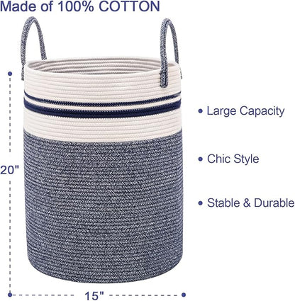Woven Rope Laundry Hamper Basket by YOUDENOVA, 58L Tall Luandry Basket, Baby Nursery Hamper for Blanket Storage in Bedroom-Large-Blue