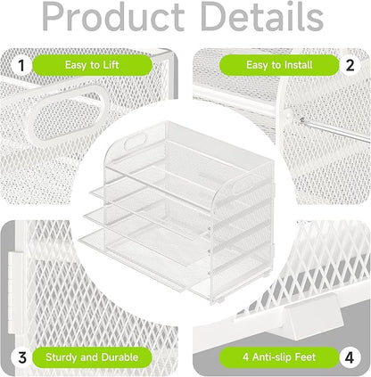 5 Tier Paper Organizer with Handle, White Metal Mesh Desk Organizer File Folder Paper Letter Tray Desktop Document Sorter for Classroom, School, Office Accessories Organization and Storage