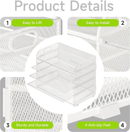 Cawukege 5 Tier Paper Organizer with Handle, White Metal Mesh Desk Organizer File Folder Paper Letter Tray Desktop Document Sorter for Classroom, School, Office Accessories Organization and Storage