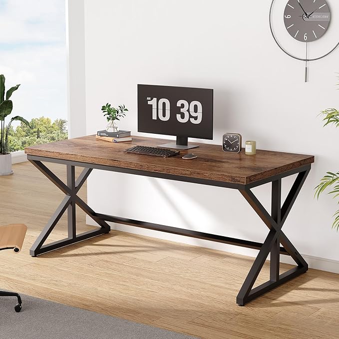 IBF Industrial Computer Desk, Rustic Wooden Metal Executive Office Desks, Large Long Simple Gaming Computer Desk Table, Wood Student Study Computer Table for Bedroom Living Room, Rustic Brown, 60 Inch