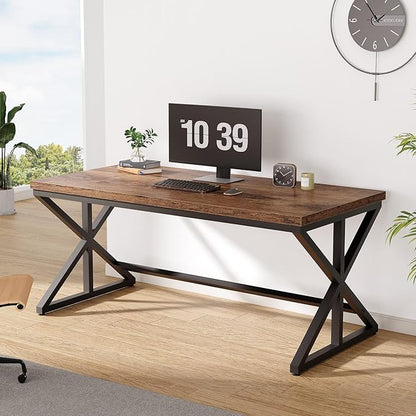 IBF Industrial Computer Desk, Rustic Wooden Metal Executive Office Desks, Large Long Simple Gaming Computer Desk Table, Wood Student Study Computer Table for Bedroom Living Room, Rustic Brown, 60 Inch