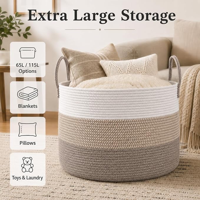 JMvicyroam 65L Extra Large Blanket Basket for Living Room - Woven Cotton Rope Laundry Hamper with Reinforced Handles - Storage Bin for Pillows, Comforters & Toys - Machine Washable,White&Brown Mix