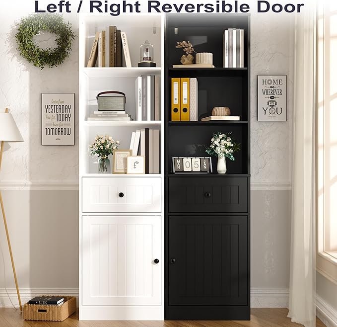 Farmhouse 71" Tall Bookshelf with Drawer, Narrow Bookcase with Adjustable Left/Right Door, Adjustable Shelf, Freestanding Display Book Shelf for Bedroom,Living Room, Office, Black