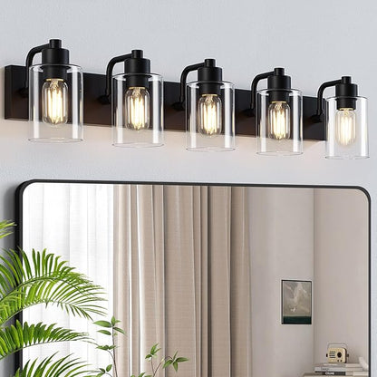 Matte Black Bathroom Light Fixtures,5-Light Bathroom Lights Over Mirror with Clear Glass Shade,Wall Sconces for Bathroom, Bedroom, Hallway
