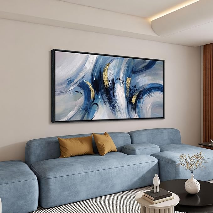 Abstract Line Art Framed Canvas - Blue and Grey Modern Wall Decor, Large 20x40 Inches, Minimalist Bedroom & Living Room Art, Ready to Hang