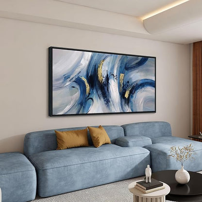Abstract Line Art Framed Canvas - Blue and Grey Modern Wall Decor, Large 20x40 Inches, Minimalist Bedroom & Living Room Art, Ready to Hang