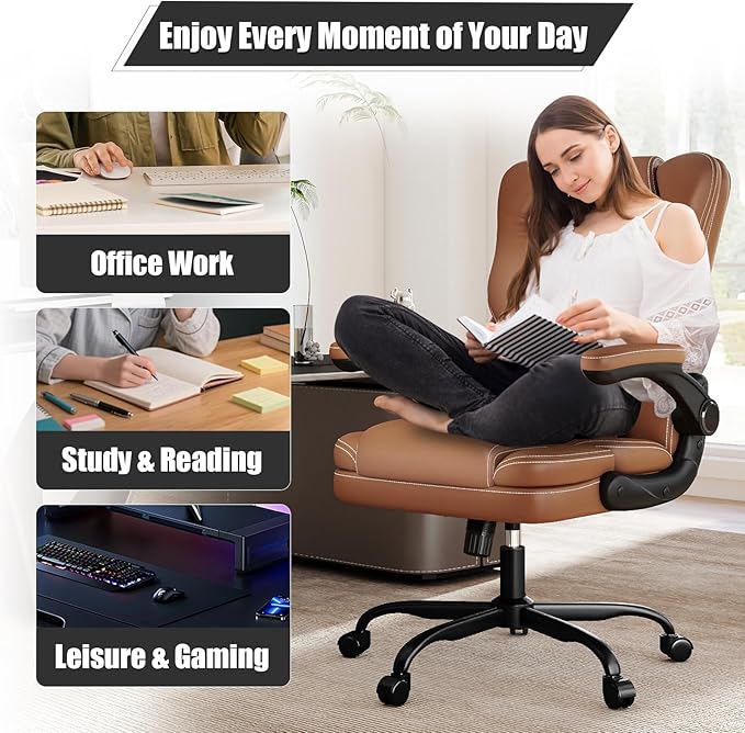 Ergonomic Office Chair with Flip-up Armrests 300lbs,Middle- Tall Computer Office Desk Chair with Lumbar Support,Executive PU Leather Chair with Rocking Function Adjustable Height for Home Office