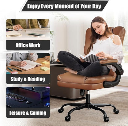 Ergonomic Office Chair with Flip-up Armrests 300lbs,Middle- Tall Computer Office Desk Chair with Lumbar Support,Executive PU Leather Chair with Rocking Function Adjustable Height for Home Office
