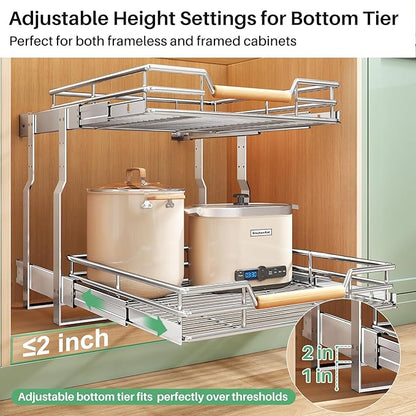 Pull out Cabinet Organizer, 2 Tiers 17"W X 21"D, Heavy Duty Smooth Sliding Under Cabinet Shelves for Pots and Pans, Full-Extension Roll out Drawers, Slide out Organization for Home Kitchen Pantry
