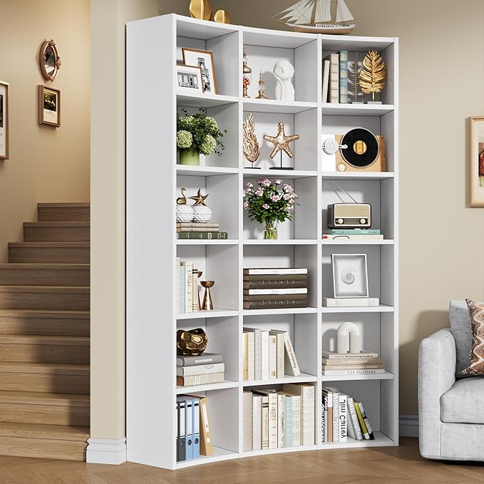 Semoic 71" Bookcase,Curved Bookshelf,Triple Width 6 Tier Bookcase with Storage Cabinet,Modern Tall Bookshelf with 18 Open Display Shelves, Floor Standing Book Shelf for Living Room,White