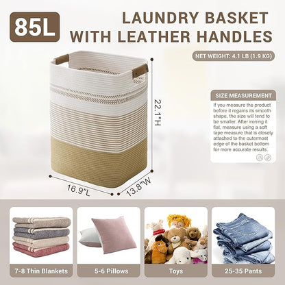 SunNewt 85L Tall Laundry Hamper with Handles for Living Room Storage, Extra Large Woven Rope Baskets Bin for Blanket, Kids Toy, Gifts, Wicker Hamper for Bedroom Dirty Clothes, 17"x14"x22" Khaki