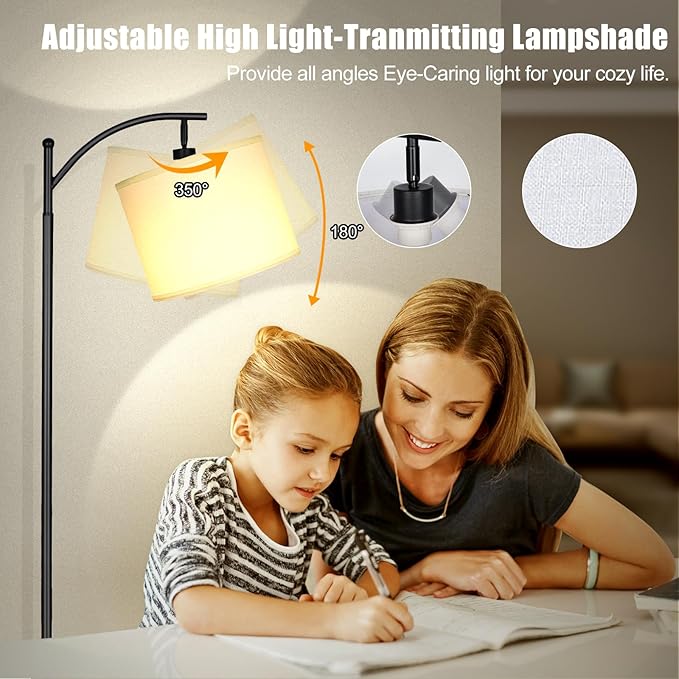 LED Floor Lamps for Living Room, 12W Modern Arc Floor Lamp with Remote & Adjustable Linen Lampshade, Stepless Dimmable Tall Standing Lamp for Bedroom Office Reading (White Shade)