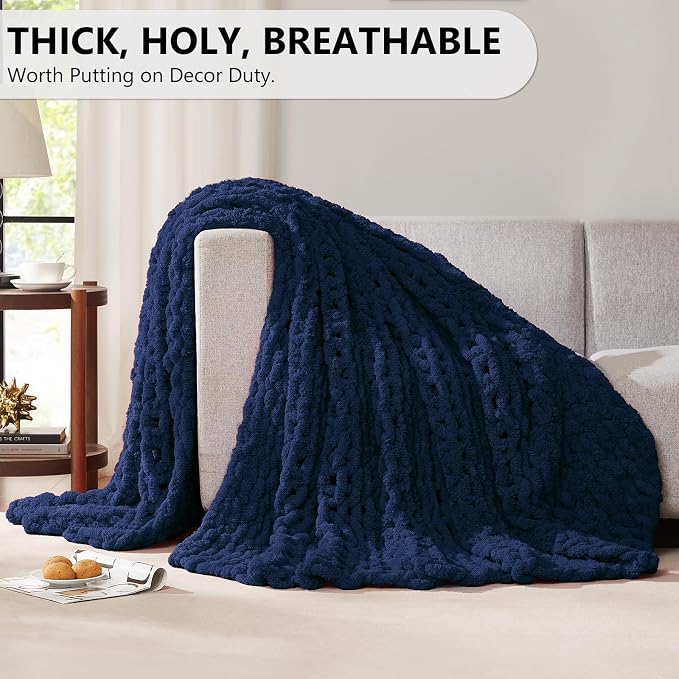 L'AGRATY Chunky Knit Blanket Throw: 80''x90'' Chenille Chunky Knitted Throw Blankets for Bed Couch - Handmade Thick Big Cable Knit Blanket - Large Crochet Blankets for Home Decor(Navy Blue)