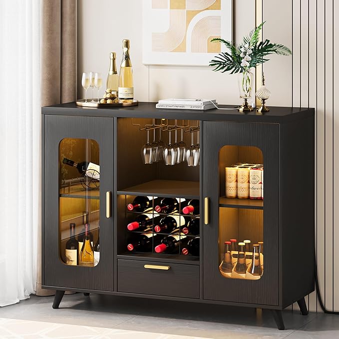Bar Cabinet with Power Outlets, Modern Coffee Bar Sideboard with LED Light, Farmhouse Liquor Cabinet with Wine Rack, Glass Holder & Wine Storage, Black