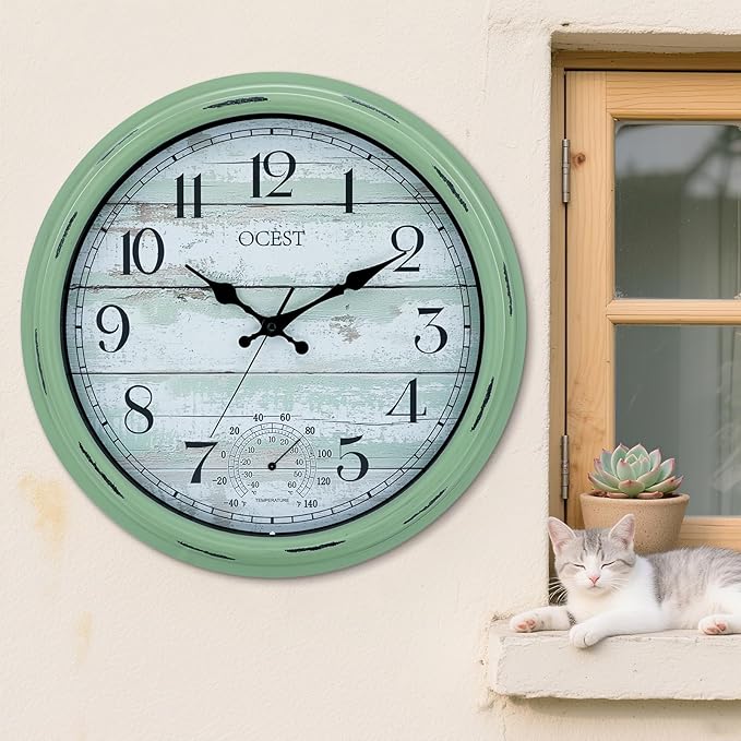 OCEST 16 Inch Indoor Outdoor Clock, Waterproof Large Wall Clock with Thermometer, Silent Non-Ticking Battery Operated Decor for Patio Pool Porch Garden Garage（Retro Green）