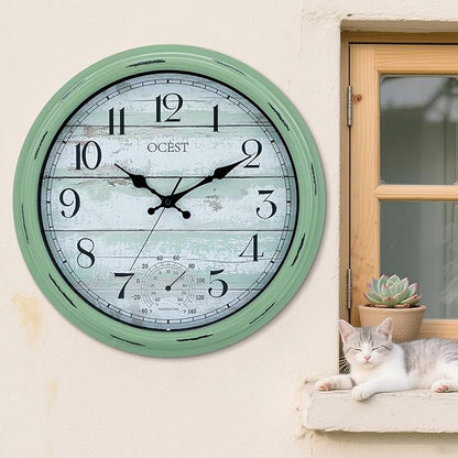 OCEST 16 Inch Indoor Outdoor Clock, Waterproof Large Wall Clock with Thermometer, Silent Non-Ticking Battery Operated Decor for Patio Pool Porch Garden Garage（Retro Green）