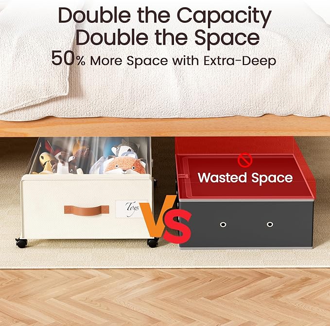 Yecaye 82 L Under Bed Storage with Wheels, 9.4 in Under Bed Storage Containers, Large Under Bed Shoe Storage with Lids, Rolling Underbed Storage bins for Clothes, Blankets, Beige