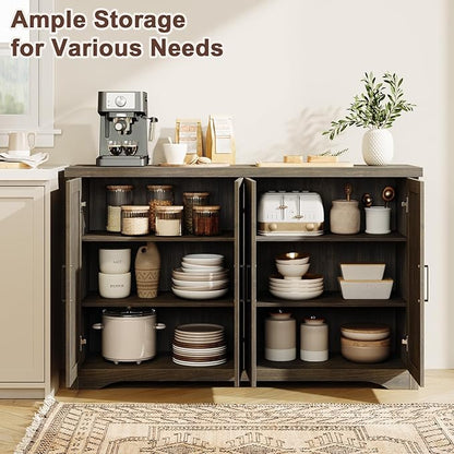 Fluted Buffet Cabinet with Storage Accent Sideboard,Modern Credenza with 4 Doors & Adjustable Shelves,Wood Coffee Bar Table Console for Dining Room Kitchen Living Room Entryway,Gray