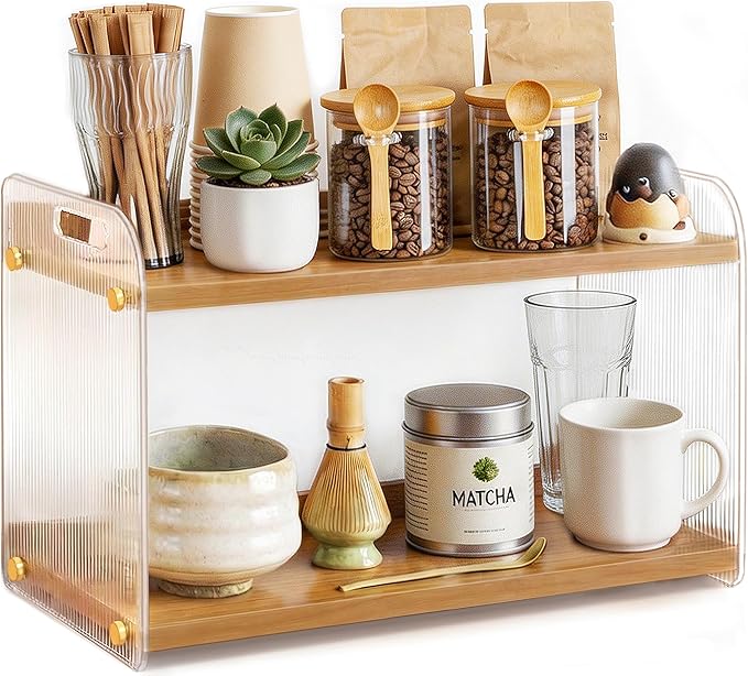 2 Tier Coffee Station Organizer - Acrylic & Pine Wood coffee bar shelf, Easy-to-Clean matcha station for Kitchen Countertops, for Placing Mugs, Coffee Beans, Syrup, Cups etc.(15.75" x6.18" x 9.37")