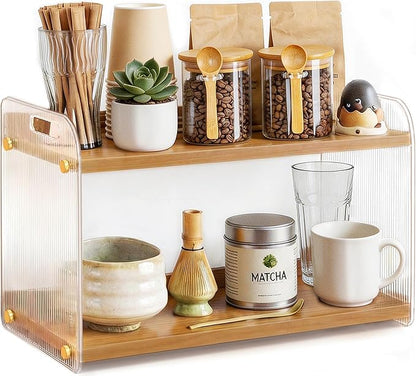 2 Tier Coffee Station Organizer - Acrylic & Pine Wood coffee bar shelf, Easy-to-Clean matcha station for Kitchen Countertops, for Placing Mugs, Coffee Beans, Syrup, Cups etc.(15.75" x6.18" x 9.37")