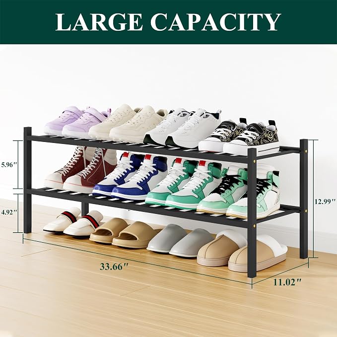 Smiry Long Bamboo Shoe Rack, 2 Tier Free Standing Wooden Shoe Organizer, Stackable Wood Shoe Storage Shelf for Closet, Entryway, 12 Vertical Slats, One-piece Standard Legs, 33.7"x11"x13", Black