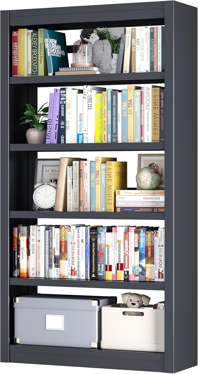 5-Tier Metal Bookshelf, 69" Tall Black Bookcase with Adjustable Shelves, Heavy Duty Deep Book Shelves, Display Storage Shelving for Living Room, Home Office, Library, Bedroom