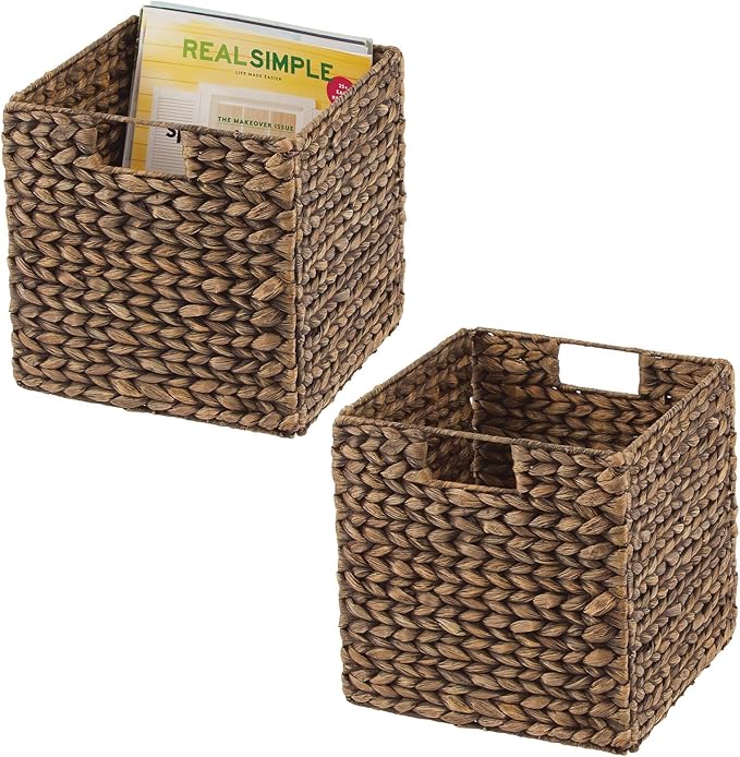 mDesign Natural Woven Hyacinth Cube Organizer Basket with Handles, Storage for Bathroom, Laundry Room Shelf or Nursery - Perfect for Cubby Storage Units - Hold Blankets and Books - 2 Pack, Brown Wash