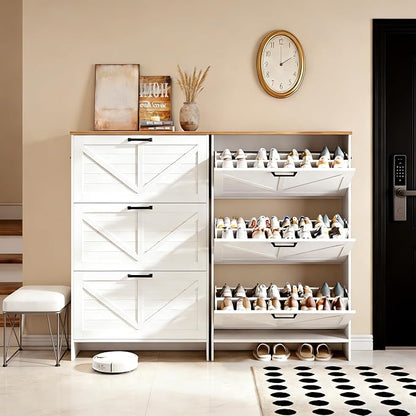 Nicetree Shaker Barn Door Shoe Storage Cabinet for Entryway, 3 Flip Drawers & 3-Tier Adjustable Shelves, Ultra Slim Freestanding, Modern Rustic Brushed White Farmhouse Shoe Rack for Hallway, Foyer