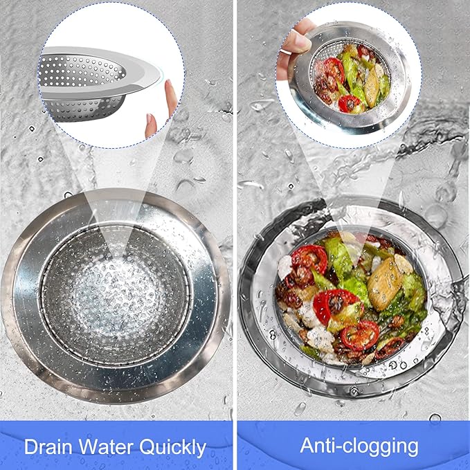 V-TOP Kitchen Drain Strainer Stopper 4 Pack, Universal 6 Inch Silicone Plug Anti-Clogging Stopper Cover, 4.5 Inch Stainless Steel Basket Strainer Food and Hair Catcher