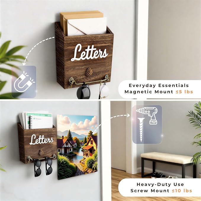 eBun Narrow Wood Mail Holder | Wall Mount, No-Drill Magnetic, Vertical Letter Slot, Entryway Decor