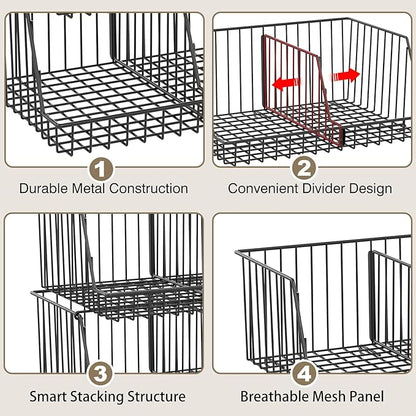 3-Tier Stackable Closet Organizers and Storage, Metal Wire Closet Shelves, Space-Saving Closet Organizer with Adjustable Dividers for Bedroom, Cabinet & Laundry Room
