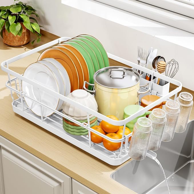 TOOLF Dish Drying Rack, Dish Racks for Kitchen Counter, Stainless Steel Sink Organization and Storage Essentials with Cutlery Holder, Dish Drainer, Home and Appartment Decor, 12.4''W x 16.5''L, White