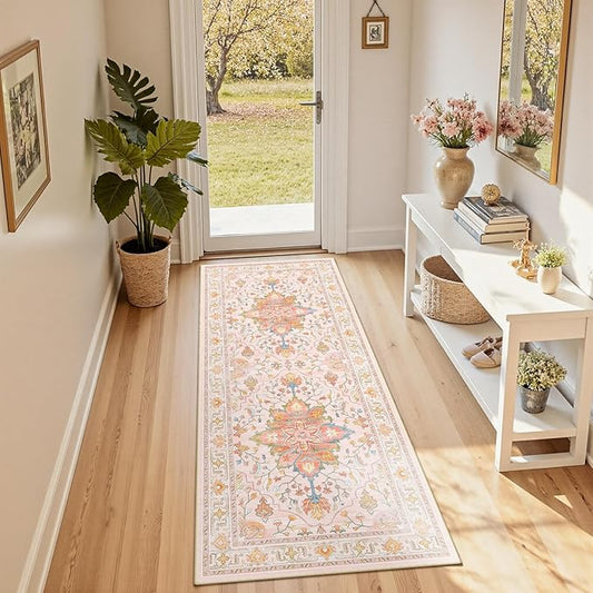 RELEANY Area Rugs Runner 2'x6' Washable Non-Slip, Floral Vintage Distress Medallion Carpet for Kitchen Hallway Bedroom Beside Laundry Room Bathroom, Light Pink Colorful
