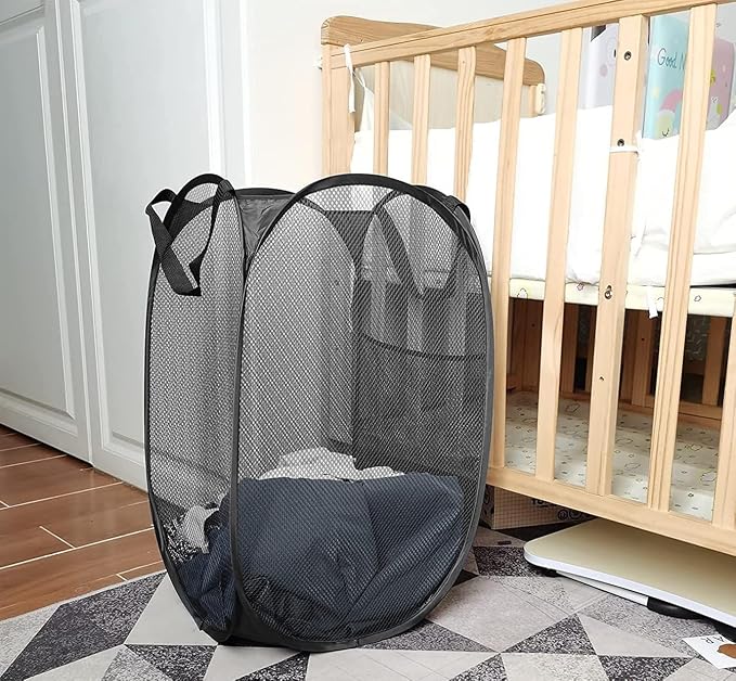 Larpur Popup Mesh Laundry Basket, Collapsible and Portable Clothes Washing Laundry Hamper with Reinforced Carry Handle (Black)