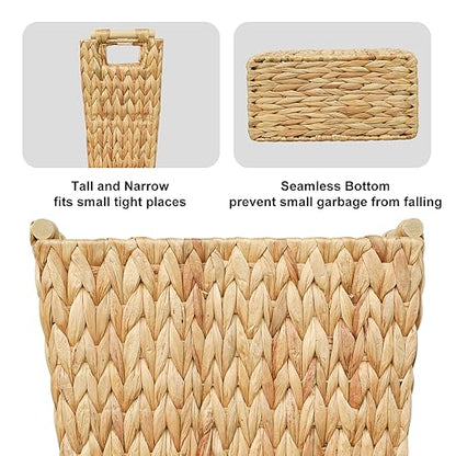 Coeusy 6 Gallon Wicker Trash Can with Wooden Handle,Wicker Waste Basket for Bathroom,Bedroom,Large Narrow Water Hyacinth Trash Basket,Rattan Boho Decor Farmhouse Bathroom Trash Can