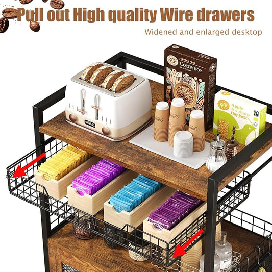 Hencawima Coffee Bar Cabinet, 3 Tier Coffee Station Table on Wheels, 35.9" H Bar Cart with Wire Basket Drawer & 5 Hooks for Home Kitchen, Liquor Buffet Sideboard Cabinet (Rustic Brown)