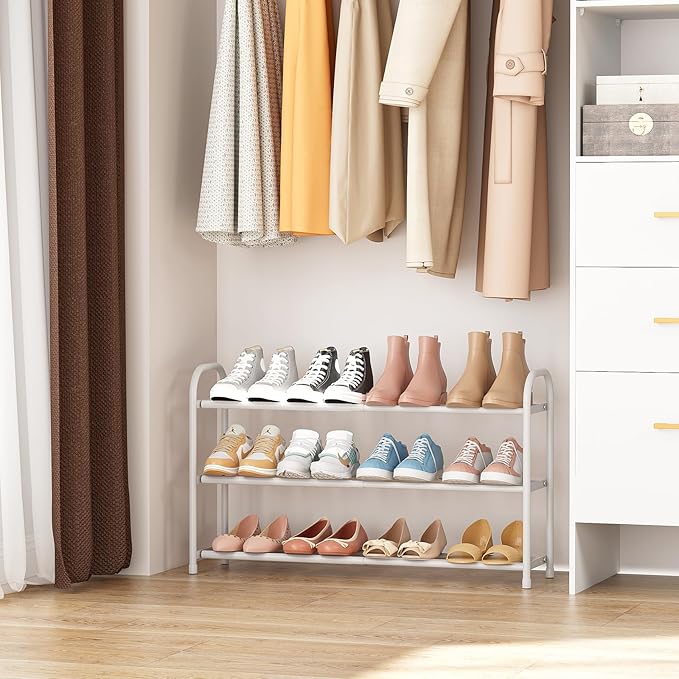 Expandable Shoe Rack for Closet, 18"-32" Metal Shoe Rack for Entryway 3-Tier Adjustable Width Free Standing Shoe Shelf 12 Pairs Small Shoe Organizer for Front Door Garage Bedroom Dorm, White