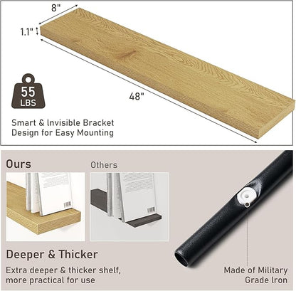 Fun Memories 48 Inch Floating Shelves for Wall 8 Inch Deep Oak Shelves Set of 2, Wall Mounted Rustic Wood Long Floating Shelf, Large Display & Storage Shelf with Invisible Brackets