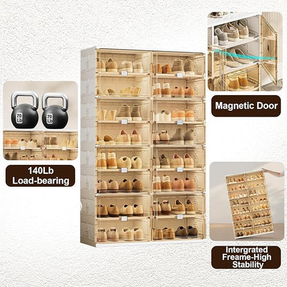 24 Pairs Shoes Storage Cabinet of 3-Step Fast Installation,Plastic Shoe Box with Clear Magnetic Door for Display, Shoe Organizer for Sneaker, Sandals, Heels (2 Row, 6 Tier)