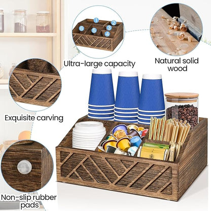 ugiftt Coffee Station Organizer for Counter, Wood Pods Holder Storage Basket, Tea Condiment Storage Organizer, Rustic Coffee Bar Decor for Accessories Organizer