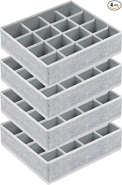 Joyoldelf Sock Drawer Organizer Divider Underwear Organizer 16-cell Fabric Dresser Drawer Organizers Storage Boxes for Socks Lingerie, Handkerchiefs, Ties 4 Pack (Blended-Grey)