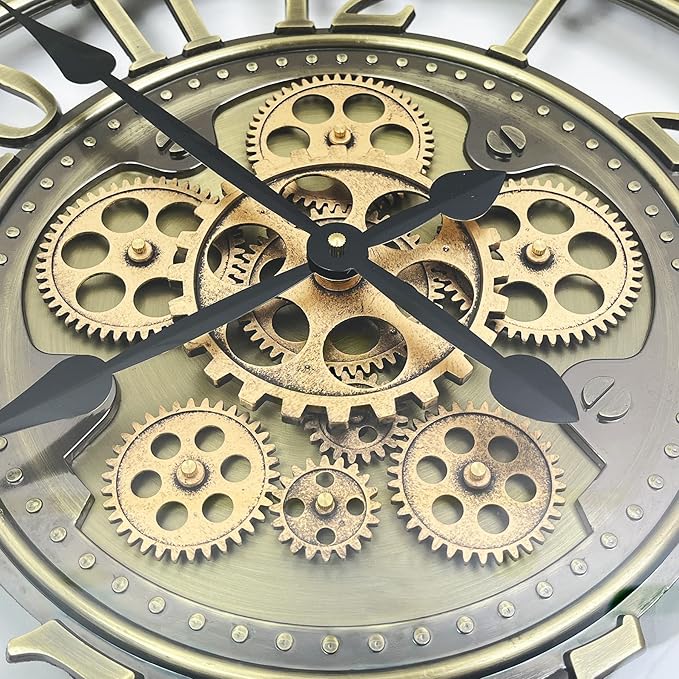 Real Moving Gears Wall Clock Large Modern Metal Clocks for Living Room Decor, Industrial Steampunk Unique Vintage Rustic Decorative Clock for Home Farmhouse Office, 21 Inch,Bronze Gold Arabic