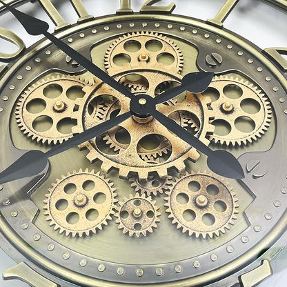 Real Moving Gears Wall Clock Large Modern Metal Clocks for Living Room Decor, Industrial Steampunk Unique Vintage Rustic Decorative Clock for Home Farmhouse Office, 21 Inch,Bronze Gold Arabic