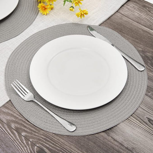 SHACOS Round Braided Placemats Set of 8 Washable Fabric Heat Resistant 15 inch Grey Round Table Mats for Dining Tables (Gray, 8)