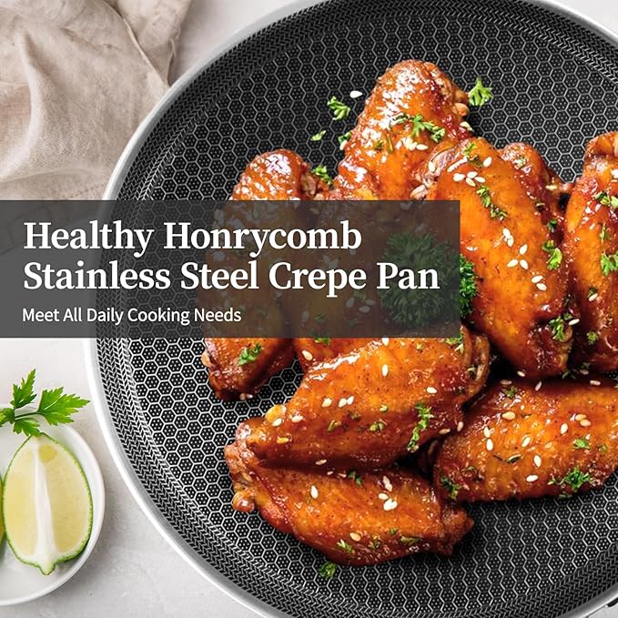 Innerwell Stainless Steel Crepe Pan - 10 Inch Nonstick Crepe Pan, Stainless Steel Honeycomb Coating Pancake Pan, Non Stick Flat Skillet Tawa Dosa Tortilla Griddle Pan, Induction Compatible, PFOA Free