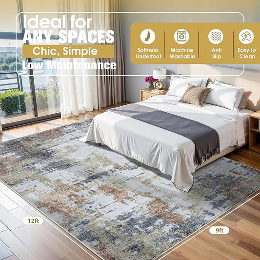9x12 Area Rugs for Living Room Rug Washable: Abstract Large Rug for Dining Room Bedroom Carpet Non Slip 9 by 12 Indoor Modern Nursery Home Office Yellow Brown