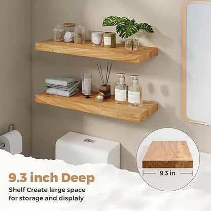 RICHFOCUS Elm Floating Shelves for Wall - 30" W x 9.3" D Rustic Solid Wood Shelves with Invisible Bracket, Wall-Mounted for Living Room, Bedroom, Kitchen Storage & Display, Set of 2, Natural