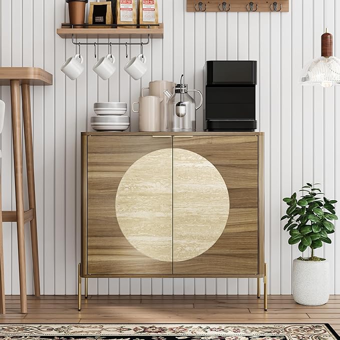 Sideboard Buffet Cabinet with Storage, Mid-Century Modern Kitchen Storage Cabinet with Adjustable Shelf and Circular Inlay Doors, Wooden Cupboard for Kitchen, Entryway